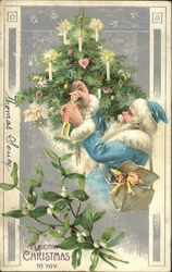 Blue Santa Hanging Ornament on a Tree Postcard
