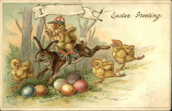 Easter Greeting with Chicks, Bunny, and Colored Eggs Postcard