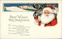 Best Wishes For Christmas - Santa Feeding an Apple to a Reindeer Postcard