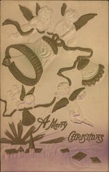 A Merry Christmas with Embossed Cherubs and Bells Postcard