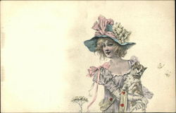 Illustration of Woman in a Hat with a Cat Postcard