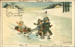 Three Children Sledding with Dog Postcard