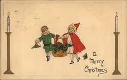 A Merry Christmas with Boy and Girl carrying Basket of Holly Postcard