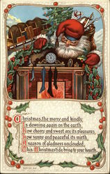 Santa Claus and his sleigh with a hearth and stockings Postcard