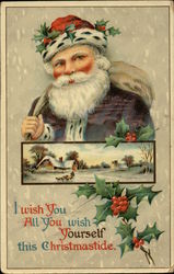 Santa Claus, Winter Scene, Holly Postcard