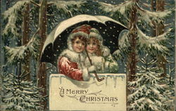 Children in the Snow with Merry Christmas Greeting Postcard
