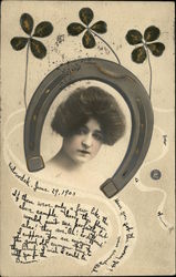 Woman's Face, Horseshoe, Four-Leaf Clovers Postcard