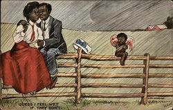 Black Couple Embracing in Rain, Cherub Cold and Wet Postcard