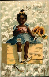 My Love to You with Black Child sitting on Crate holding Sunflowers Postcard