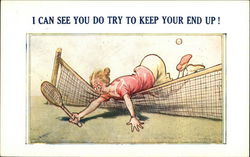 Woman Falling Over Tennis Net Comic, Funny Postcard Postcard Postcard