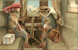 Anthropomorphic Fish Riding Train - French Language April Fools Day Postcard Postcard Postcard