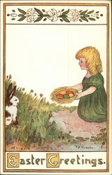 Easter Greetings Child with Basket of Eggs and Rabbit Easter Greetings Child with Basket of Eggs and Rabbit