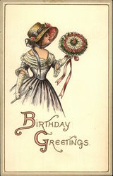 Woman in a Hat with a Bouquet Birthday Greetings Postcard Postcard Postcard