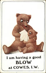 Adult bear blowing the nose of a baby bear Postcard