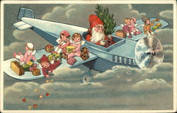 Santa Flying Airplane with Winged Children on the Wing Postcard