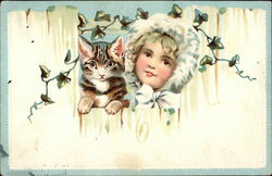 Child and a Cat over a Fence Children Postcard Postcard Postcard