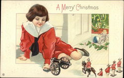 A Merry Christmas - Young Boy Playing with Toy Soldiers Postcard