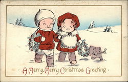 Children Walking Through Snow Carrying Wreathes Postcard