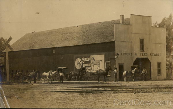Livery and Feed Stable Showing Horse-Drawn Buggies