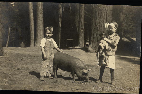 Young Boy Next to Pig and Girl Holding Dog Children