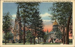 Quadrangle showing Main Building and Sacred Heart Church, University of Notre Dame Indiana Postcard Postcard Postcard