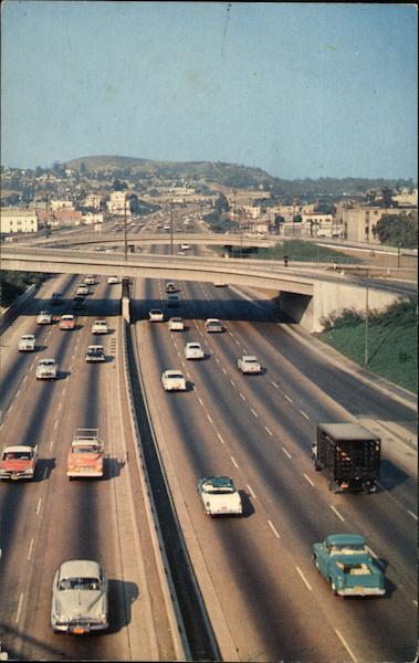 Harbor Freeway looking North toward Sierra Madre Mountains Los Angeles California