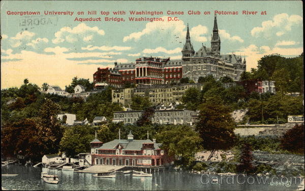 Georgetown University on hill top with Washington Canoe Club on Potomac River at Aqueduct Bridge District of Columbia