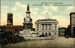 Exchange Place, Soldiers and Sailors Monument, Post Office and Central Fire Station Providence, RI Postcard Postcard Postcard