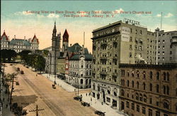 Looking West on State Street, showing State Capitol, St Peter's Church and Ten Eyck Hotel Postcard