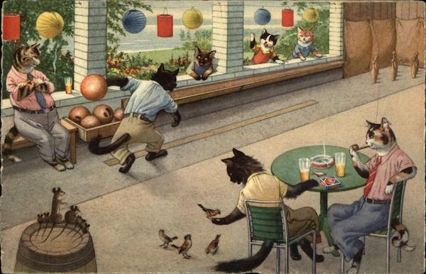 Cats Playing Nine Pins