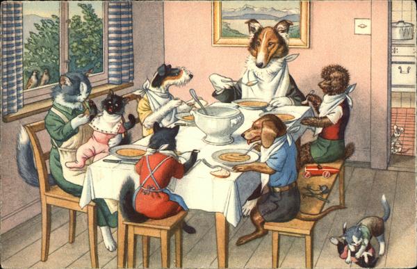Dogs and Cats Eating Dinner