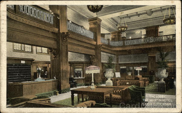 The Lobby At Martin Hotel Sioux City Ia Postcard