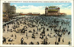 Scene in front of St Charles and Breakers Hotels, Showing Garden Pier Atlantic City, NJ Postcard Postcard Postcard