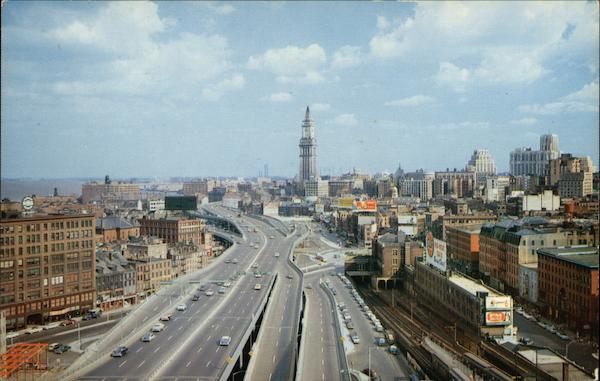 Looking toward Custom House Tower along new John F Fitzgerald Expressway Boston Massachusetts