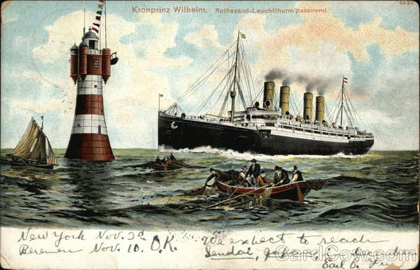 Steamship Kronprinz Wilhelm Passing a Lighthouse Steamers