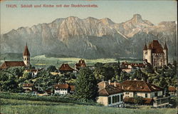 Schloss und Kirche Mit der Stockhornkette Postcard