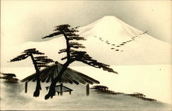 Japanese Hand Drawn Mountain Lacquer Art Postcard