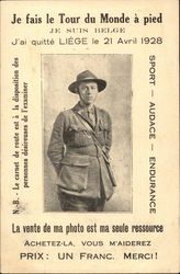 Belgian traveler soliciting funds for his walking trip around the world Postcard