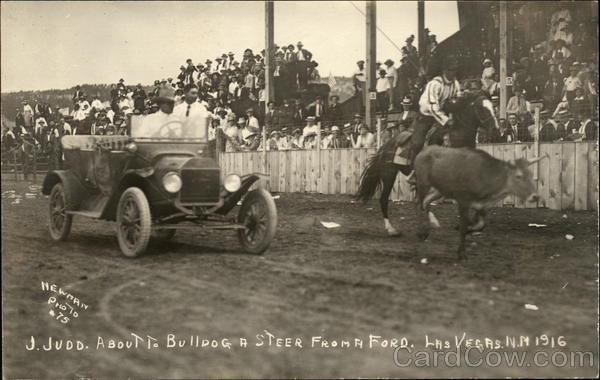 J. Judd about to Bulldog a Steer from a Ford - 1916 Las Vegas New Mexico