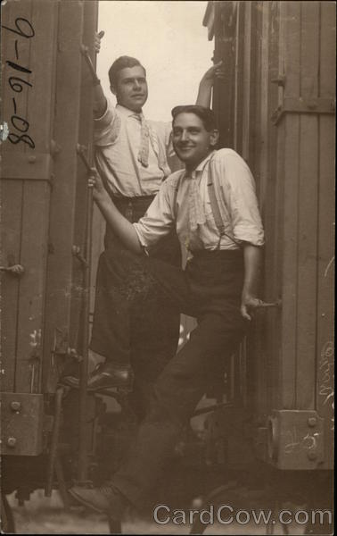 Two Men Hitching Ride On Rail Cars Trains, Railroad