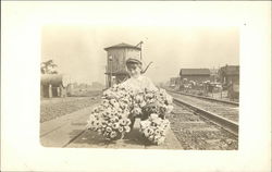 Boy With Baskets of Flowers by Train Tracks Depots Postcard Postcard Postcard