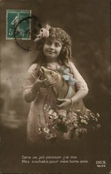 Portrait of Girl Holding Fish Girls Postcard Postcard Postcard