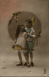 Two Children Holding Tennis Raquets Postcard Postcard 