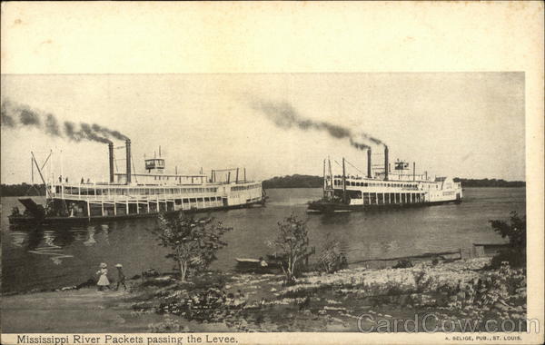 Mississippi River Packets Passing the Levee Steamers