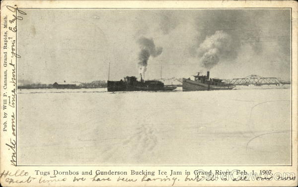 Tugs Dornbos and Gunderson Bucking Ice Jam in Grand River