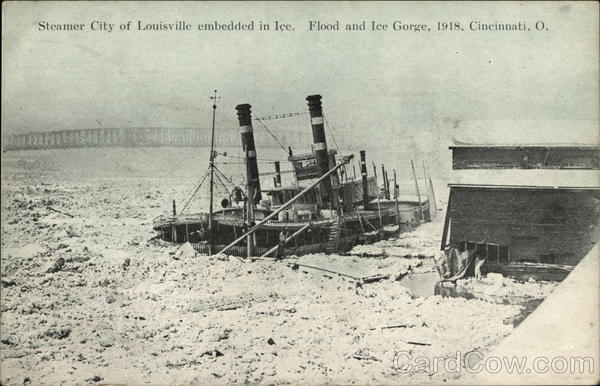 Steamer City of Louisville Embedded in Ice Cincinnati Ohio
