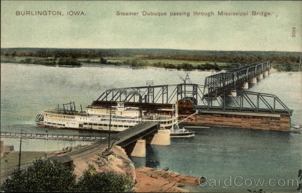 Steamer Dubuque passing through Mississippi Bridge Burlington Iowa