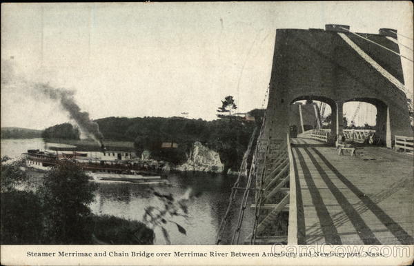 Steamer Merrimac and Chain Bridge Over Merrimac River Massachusetts