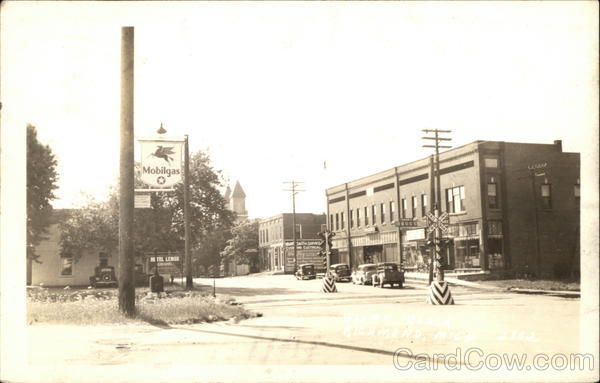 Street Scene - Mobilgas, RR Crossing Richmond Michigan