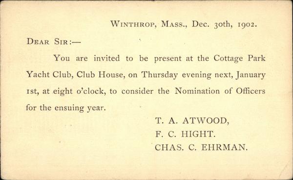 Invitation to the Cottage Park Yacht Club, Club House Winthrop Massachusetts